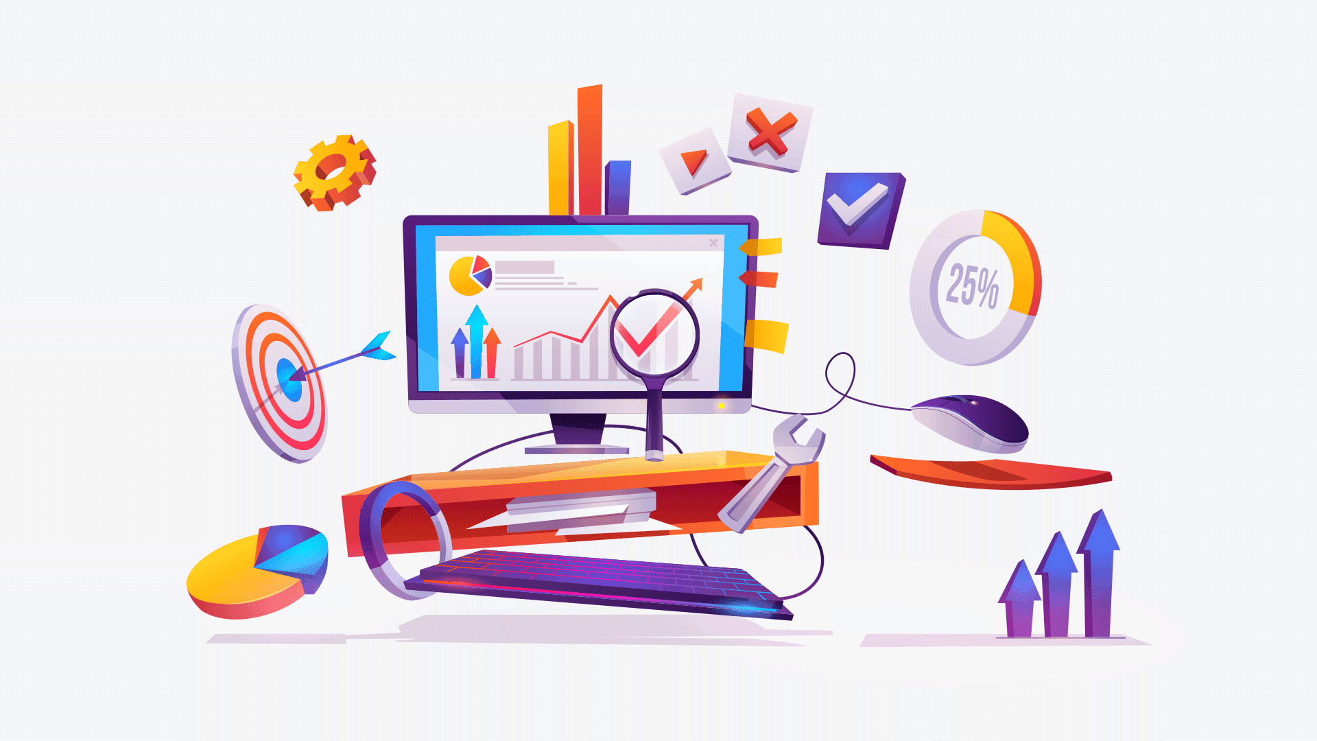 An illustration of a computer monitor surrounded by elements, representing recommendations for an optimized landing page. An illustration of a computer monitor surrounded by elements, representing recommendations for an optimized landing page.