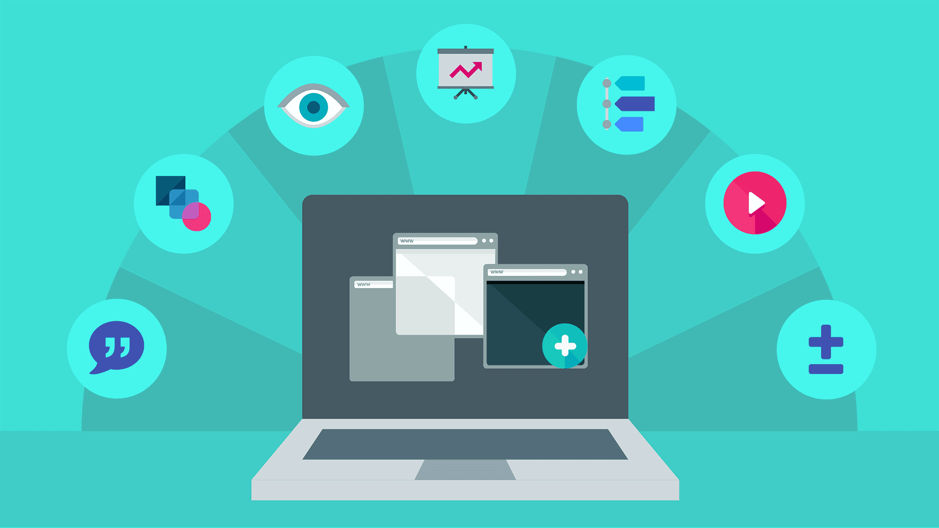 Illustration of a laptop with floating icons representing landing page design elements. Illustration of a laptop with floating icons representing landing page design elements.