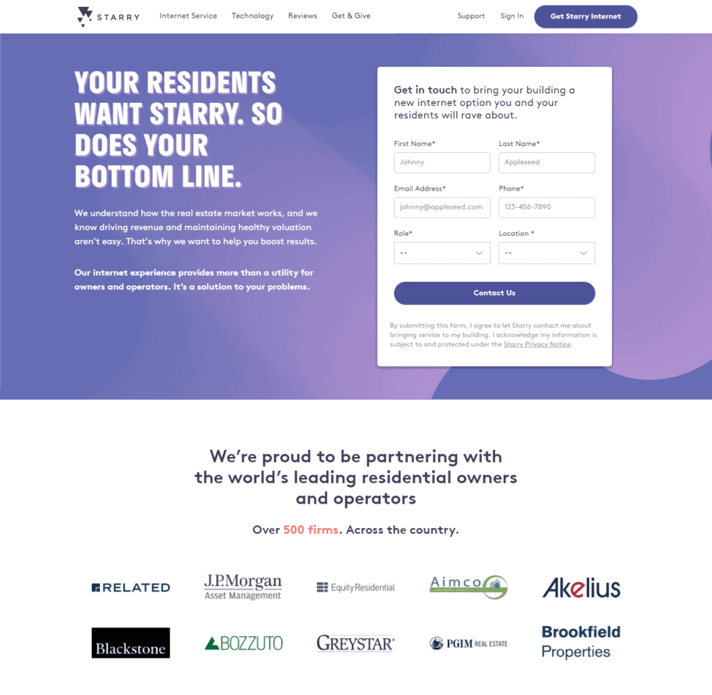 Starry landing page example